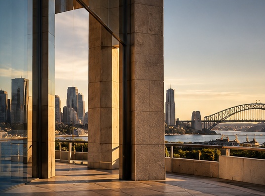 Sydney Harbour and the city skyline viewed from a sunlit corporate office